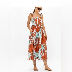 Oliphant Cartagena Brown Rust Palm Tree Tie Strap Midi Dress M NWT Cotton Poplin